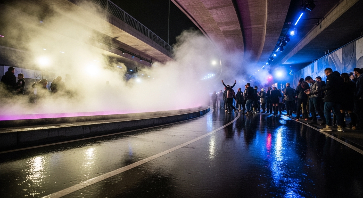 Low-angle view of boots crossing a lightly steaming heated lane; reflections on damp pavement.